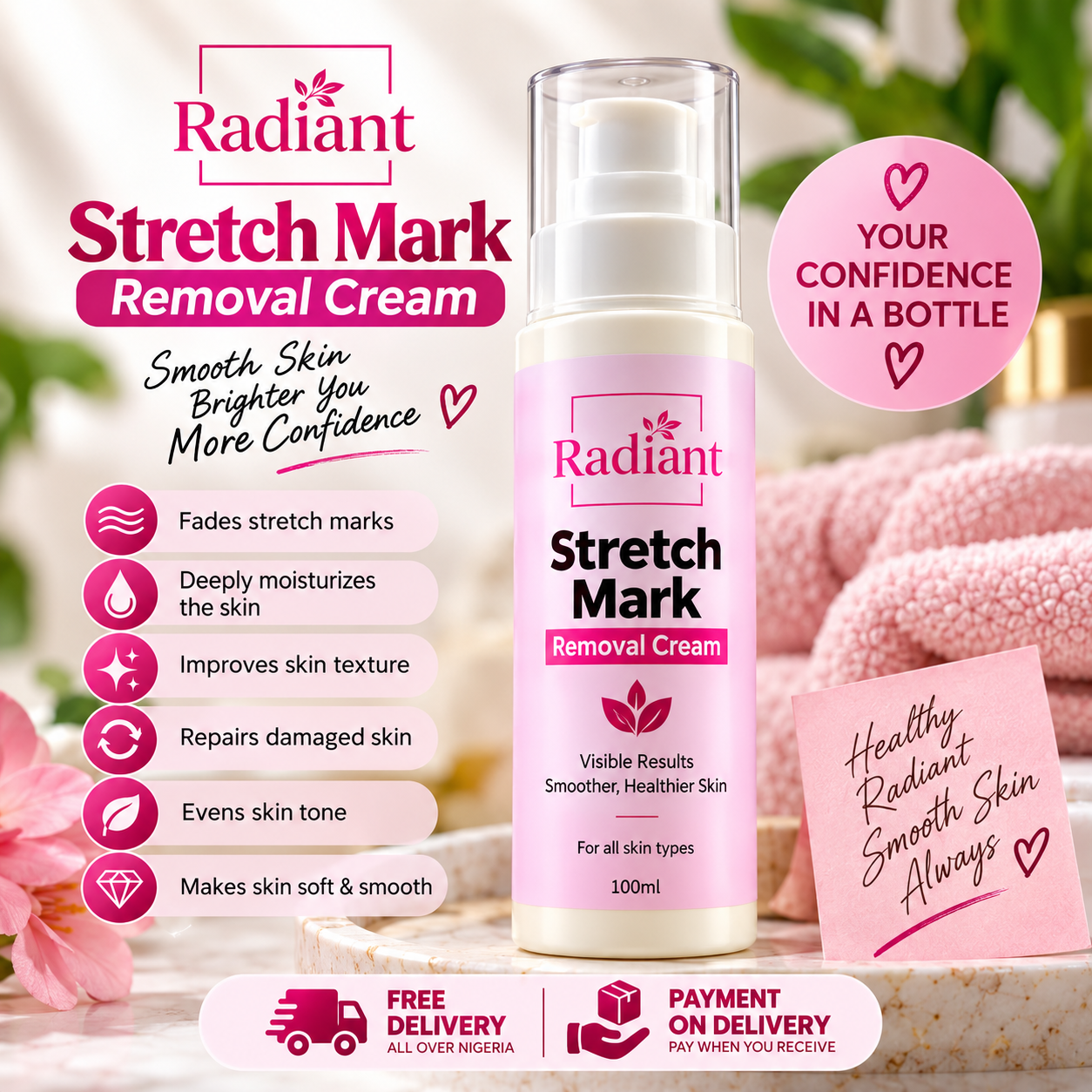 Radiant Stretch Mark Removal Cream bottle with its key benefits